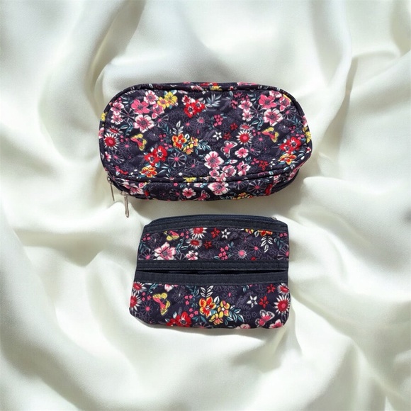 None Handbags - Floral Quilted Cosmetic Bag and Coin Pouch Set